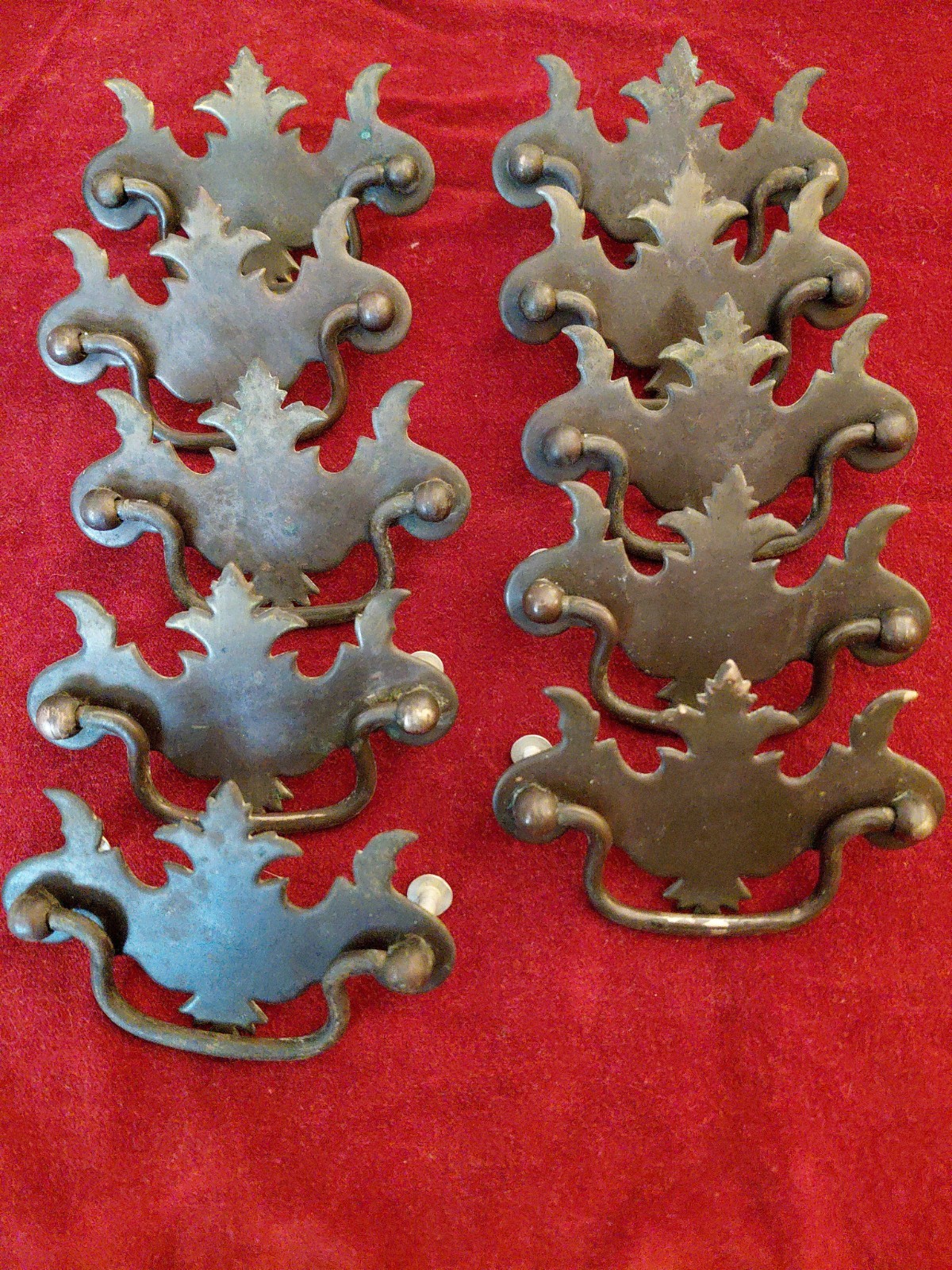 Lot of 10 Chippendale Batwing Brass Drawer Pulls with Handles & Screws W/ Patina