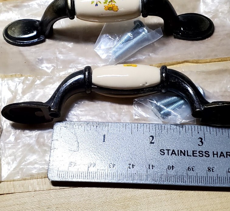 Lot of 4 Brass & Ceramic Floral Cabinet Dresser Drawer Pull Handle Knobs NEW