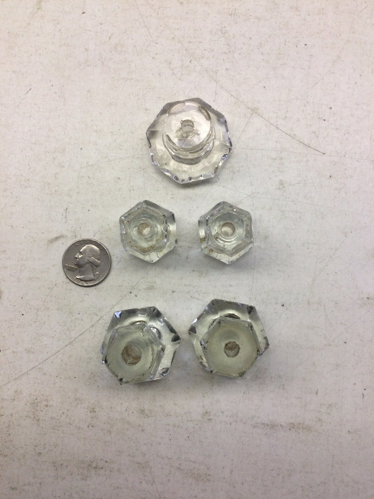 5) Antique Hexagon Glass Drawer Knob Pulls, Two Pairs, One Single