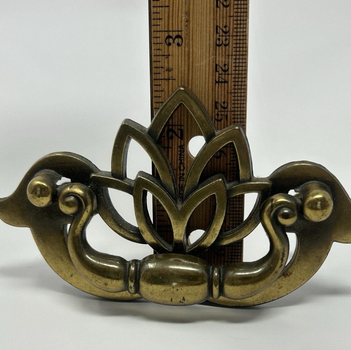 Vintage Chippendale Lotus Style Brass Drawer Pull Bail Handle Gold Traditional