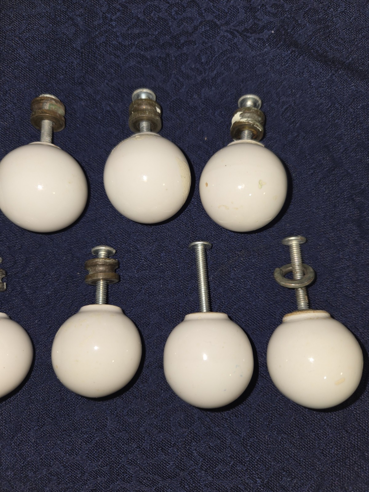 Vintage Porcelain & Brass 1-1/4″ White Round Ball Cabinet Door Drawer Pulls