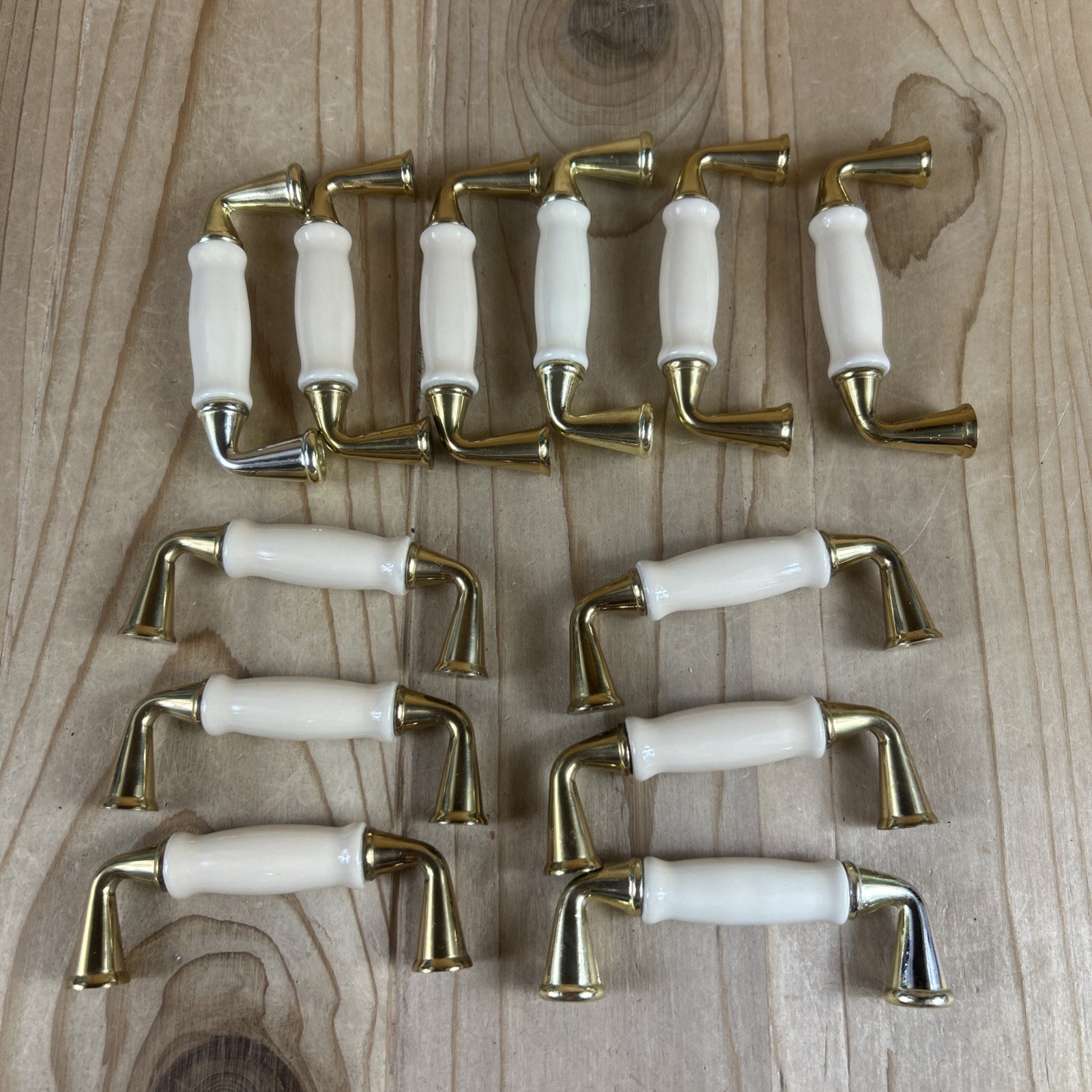 Vintage Drawer Pulls Cabinet Handles Set of 12 Beige Ceramic Center 3.5” Brass