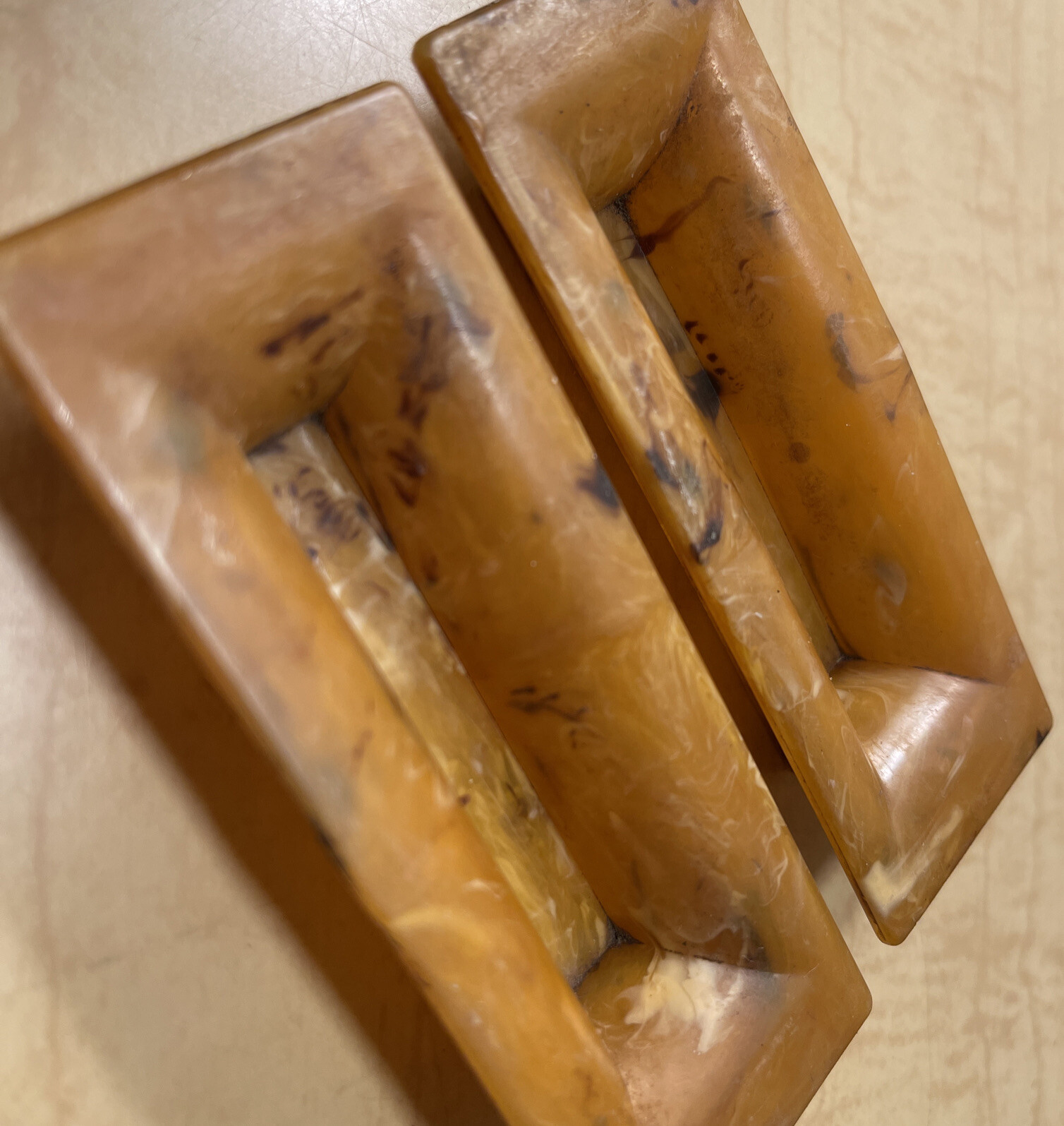 Vintage Celluloid Amber Marbled Drawer Handles Brown White Streaked Rectangular