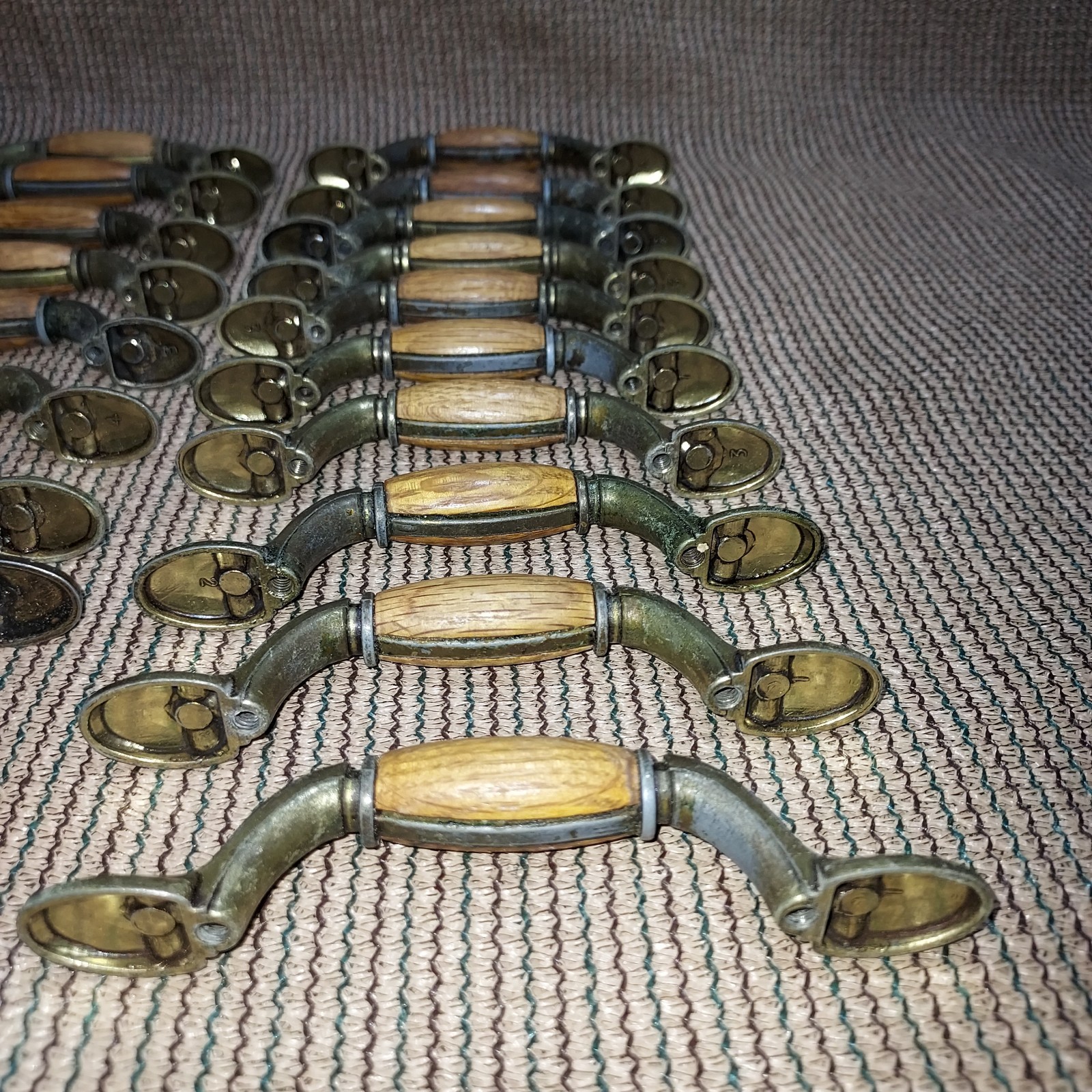 20 Vintage Wood & Brass Drawer Cabinet Bin Handles/Pulls
