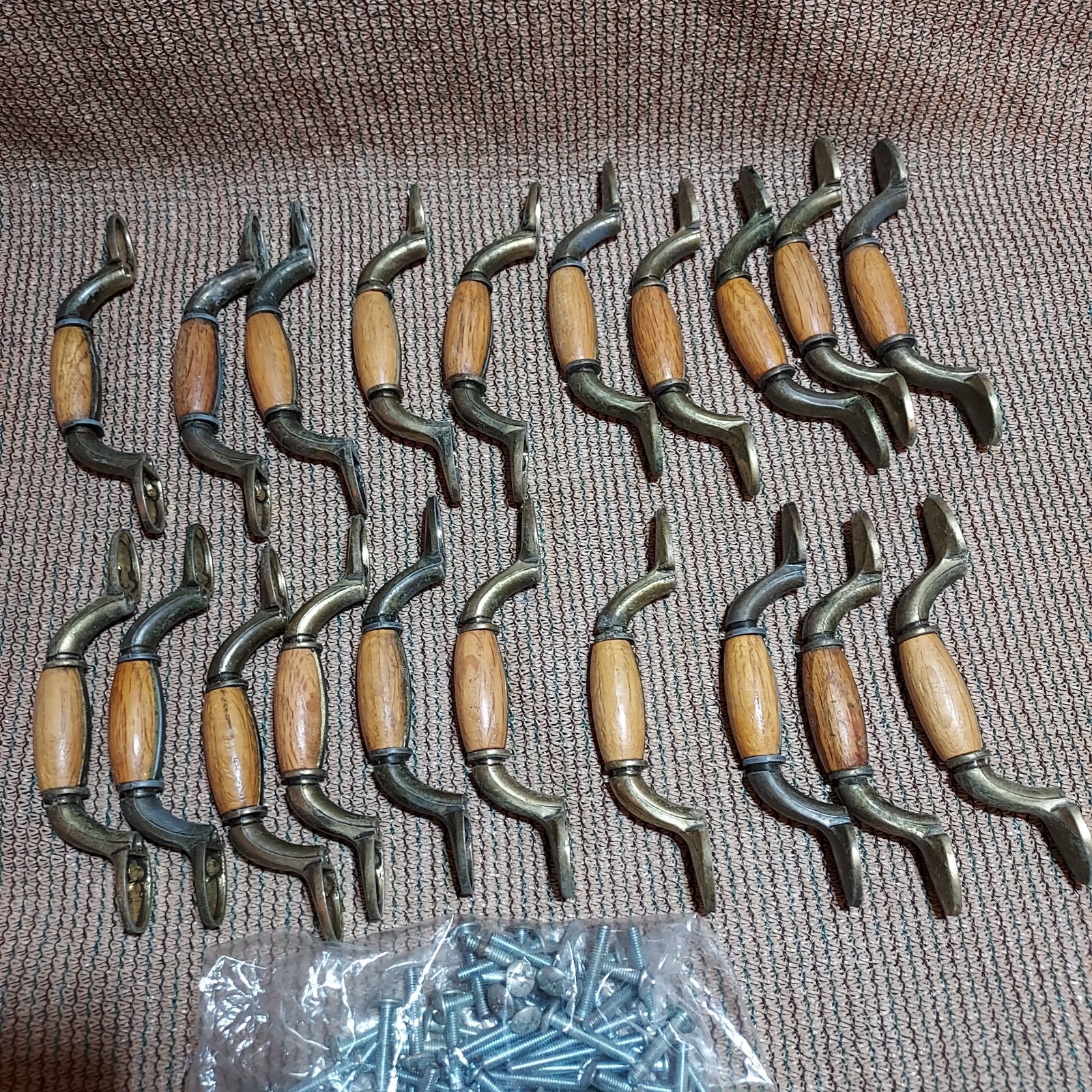 20 Vintage Wood & Brass Drawer Cabinet Bin Handles/Pulls
