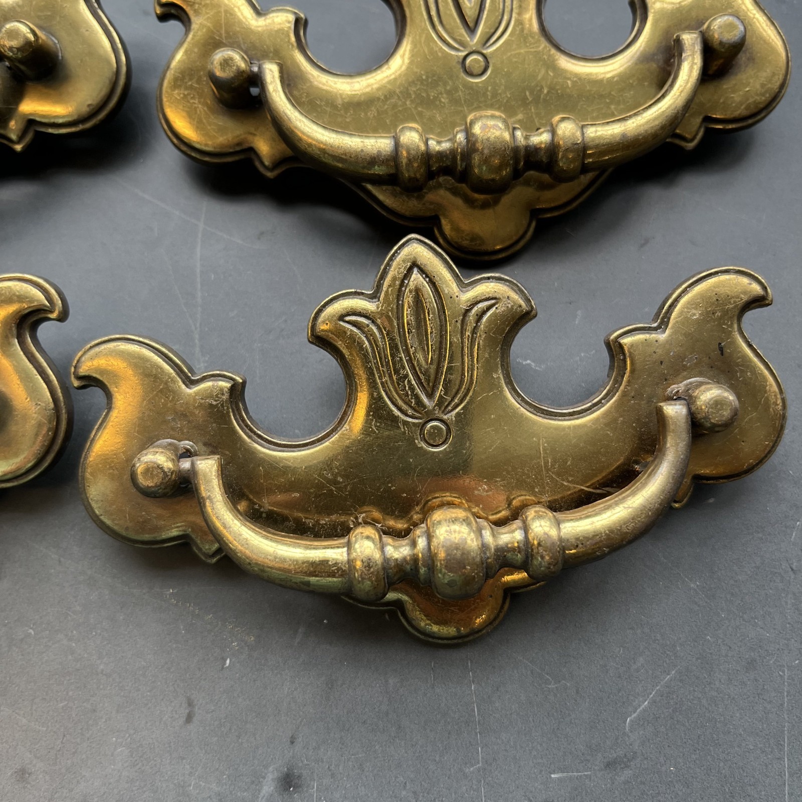 Set of 4 Vintage Brass Chippendale Batwing Drawer Pulls Bail Handles with Screws