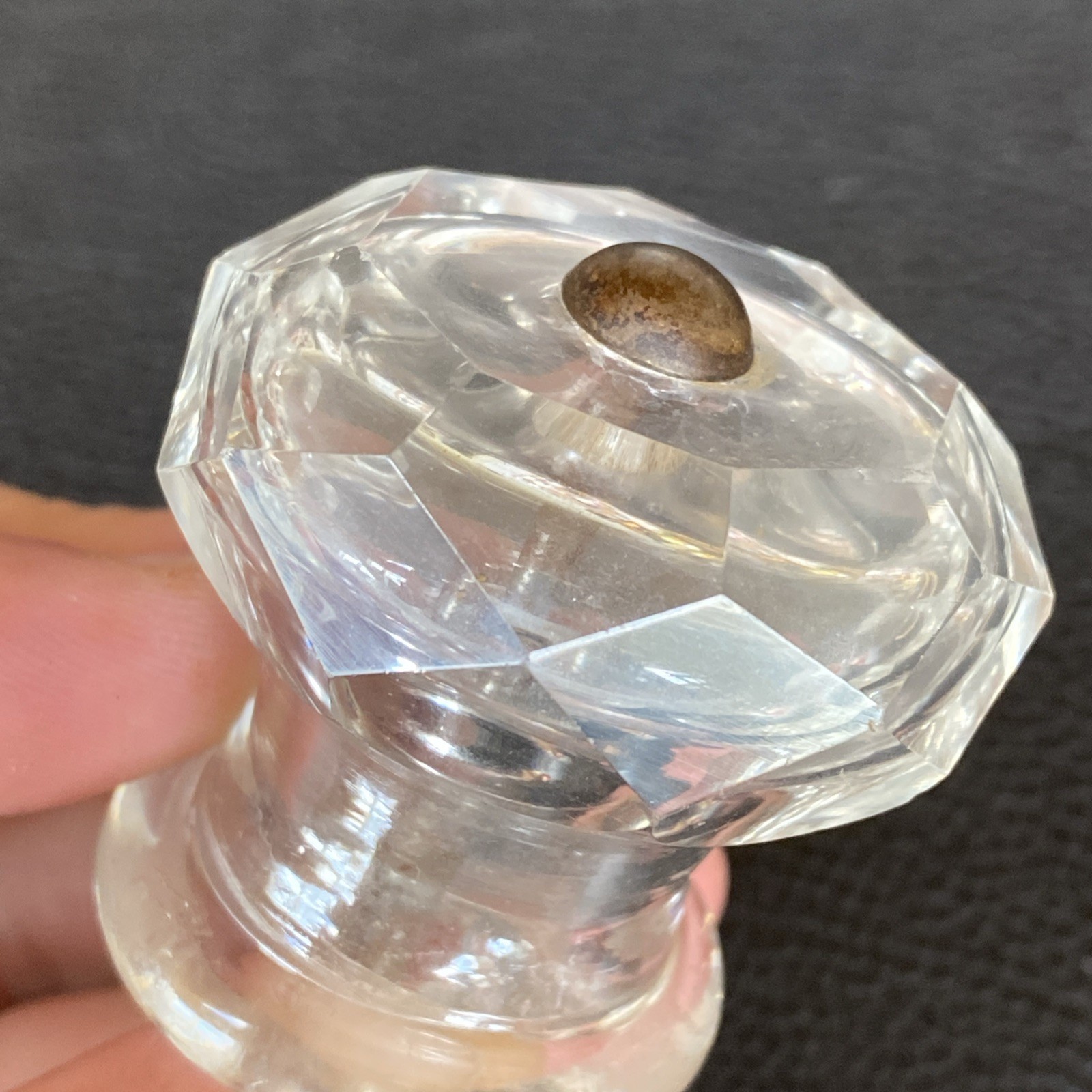 Faceted 1.75”x1-5/8” Antique Pressed Clear Glass Sandwich Drawer Pull Post Bolt
