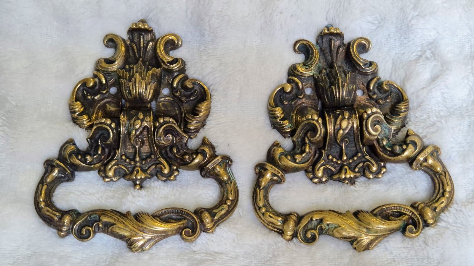 Antique French Rococo Bronze Drawer Pulls Ornate Furniture Handles Pair