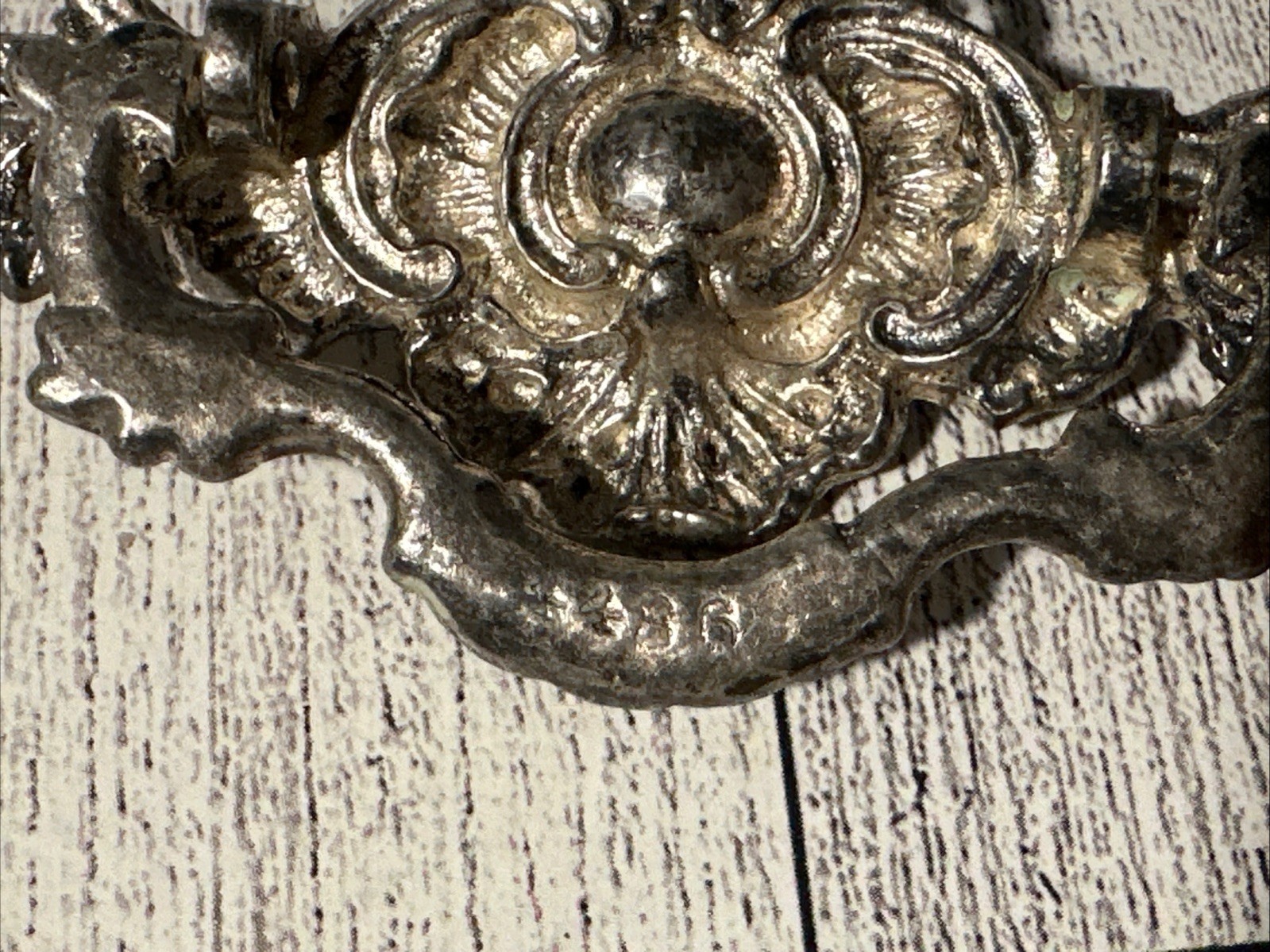 Vintage Ornate Solid Brass Antiqued Silver Drop Bail Drawer Pull Victorian Style