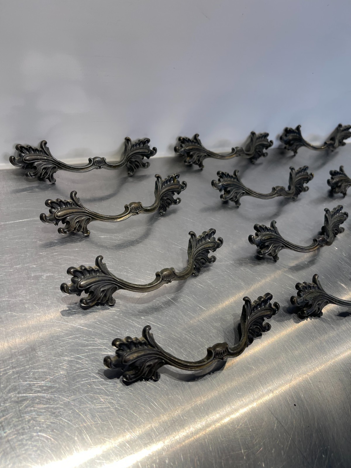 12 Used Vintage French Provincial Drawer Pulls Ornate Leaves 3” Allison Japan