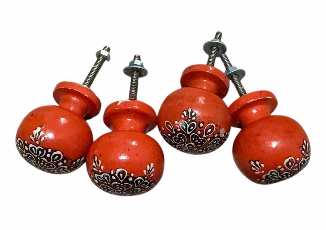 Vintage Wooden Knob Pull Drawer Dresser Set Of 4 Hand Painted Orange