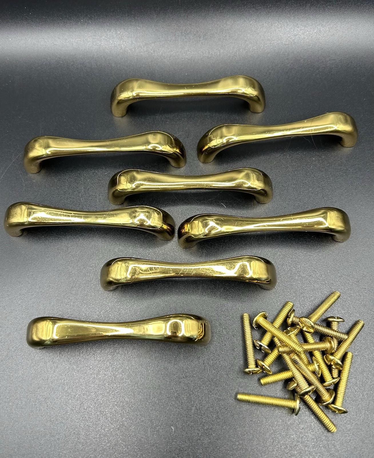 Vtg Solid Polished Brass Drawer Pulls Contoured Bar 3.5” Lot Of 8 With Screws