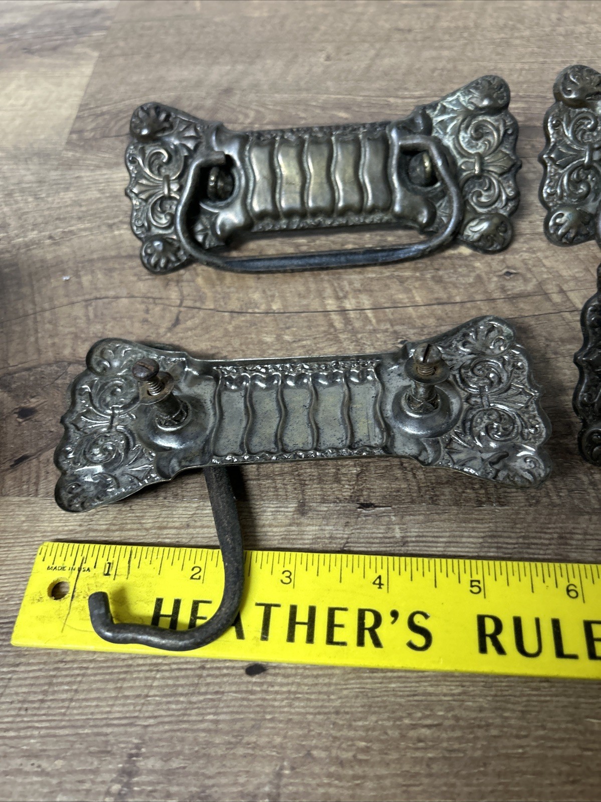 Set of 4 Ornate Victorian Stamped Drawer Pulls Bail Handles Vintage Brass