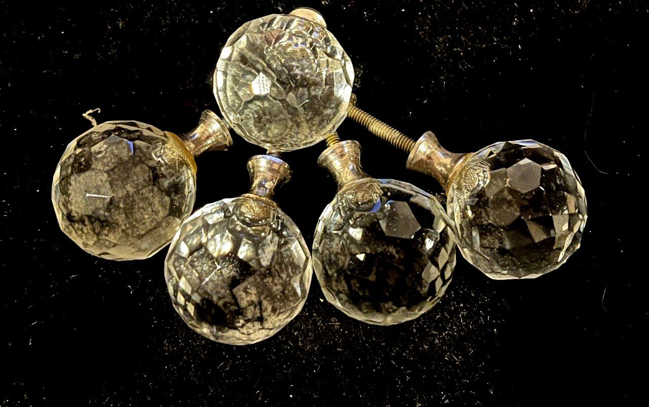 Vintage MCM Clear Round Crystal Drawer Knobs Pulls 1.75″ Lot Of 5 (12D)