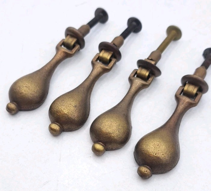 Antique Drop Pull Drawer Door Dresser Handle Old Vintage Brass Hardware Lot of 4