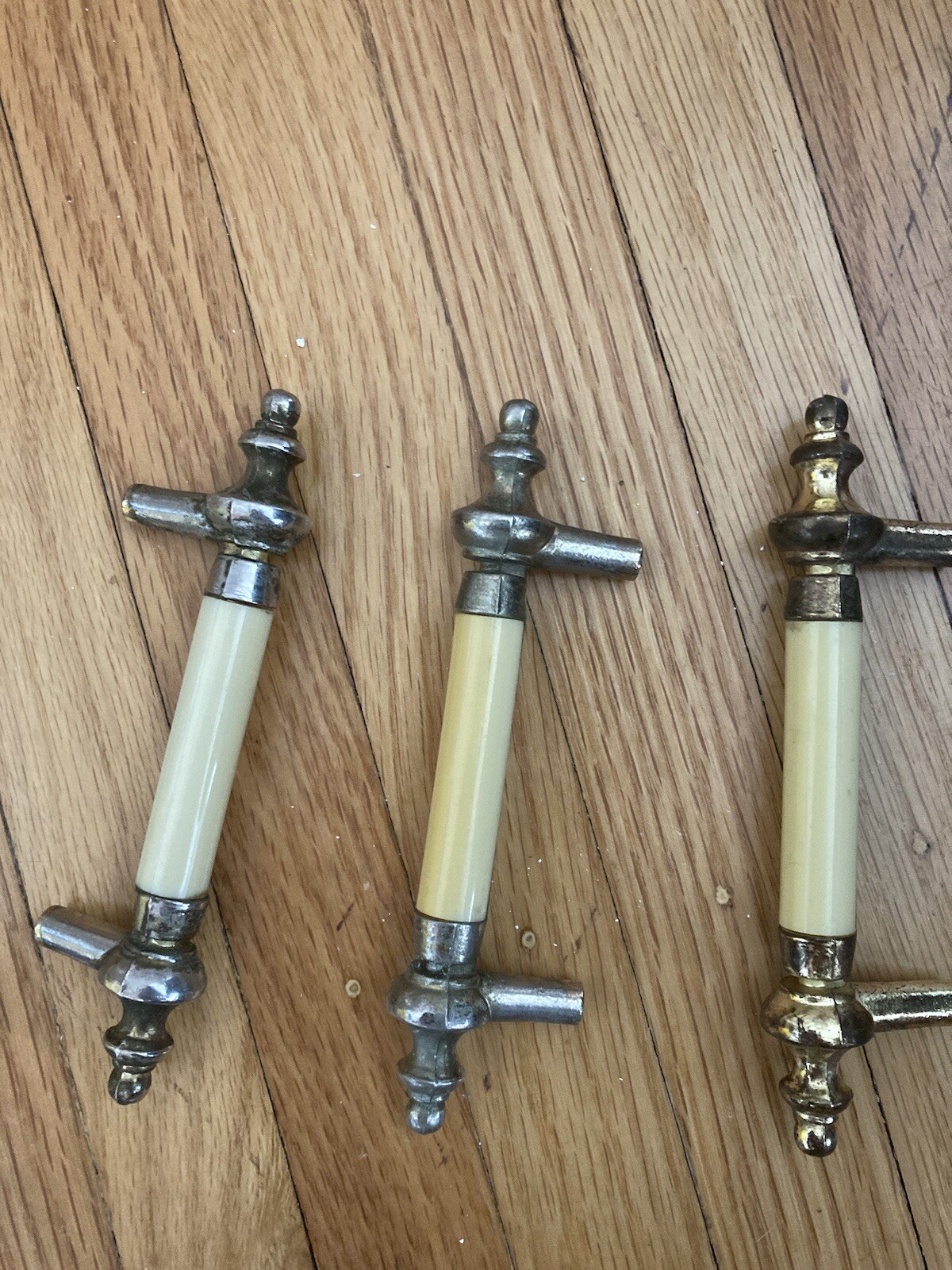 6 Matching Vintage ivory Bakelite & Solid Brass Drawer Handles ~ Pulls