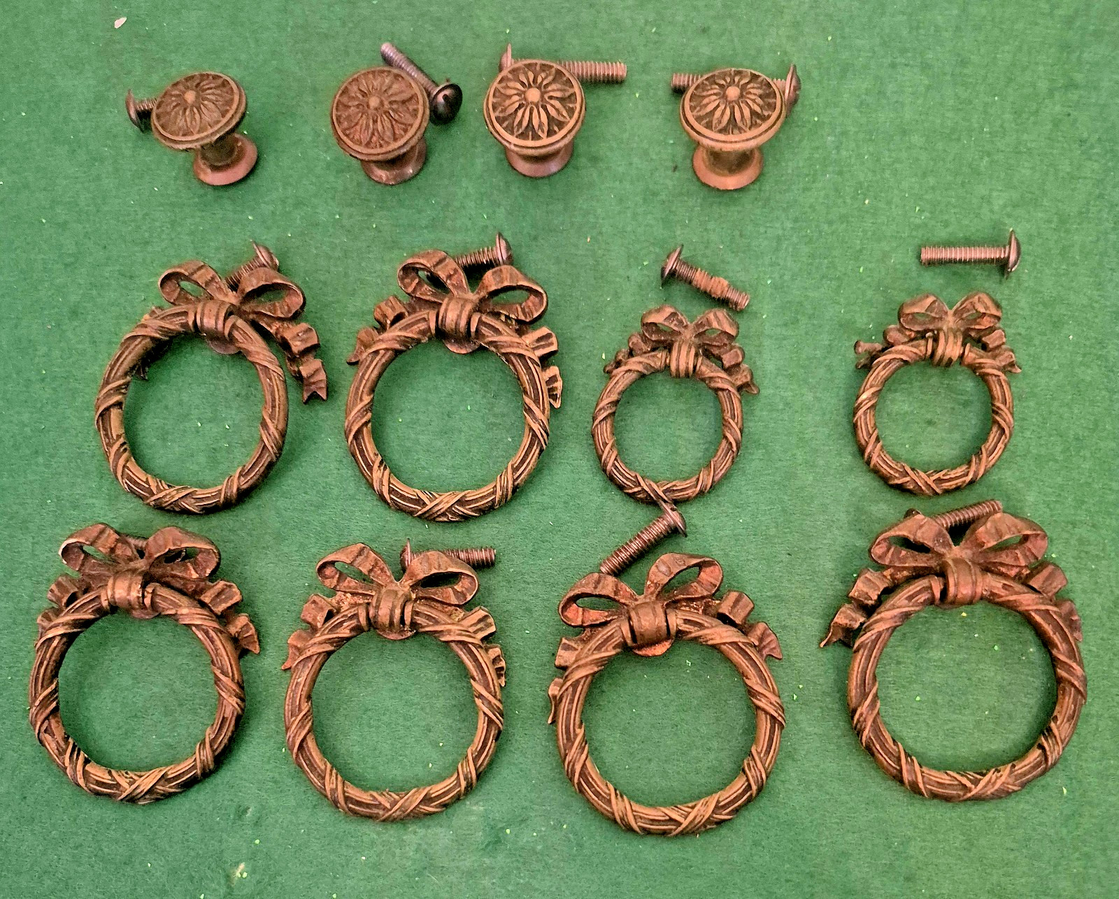 Antique Ribbon And Bow Ornate Bronze Brass Drawer Pull Rings 12 Set Art Nouveau!