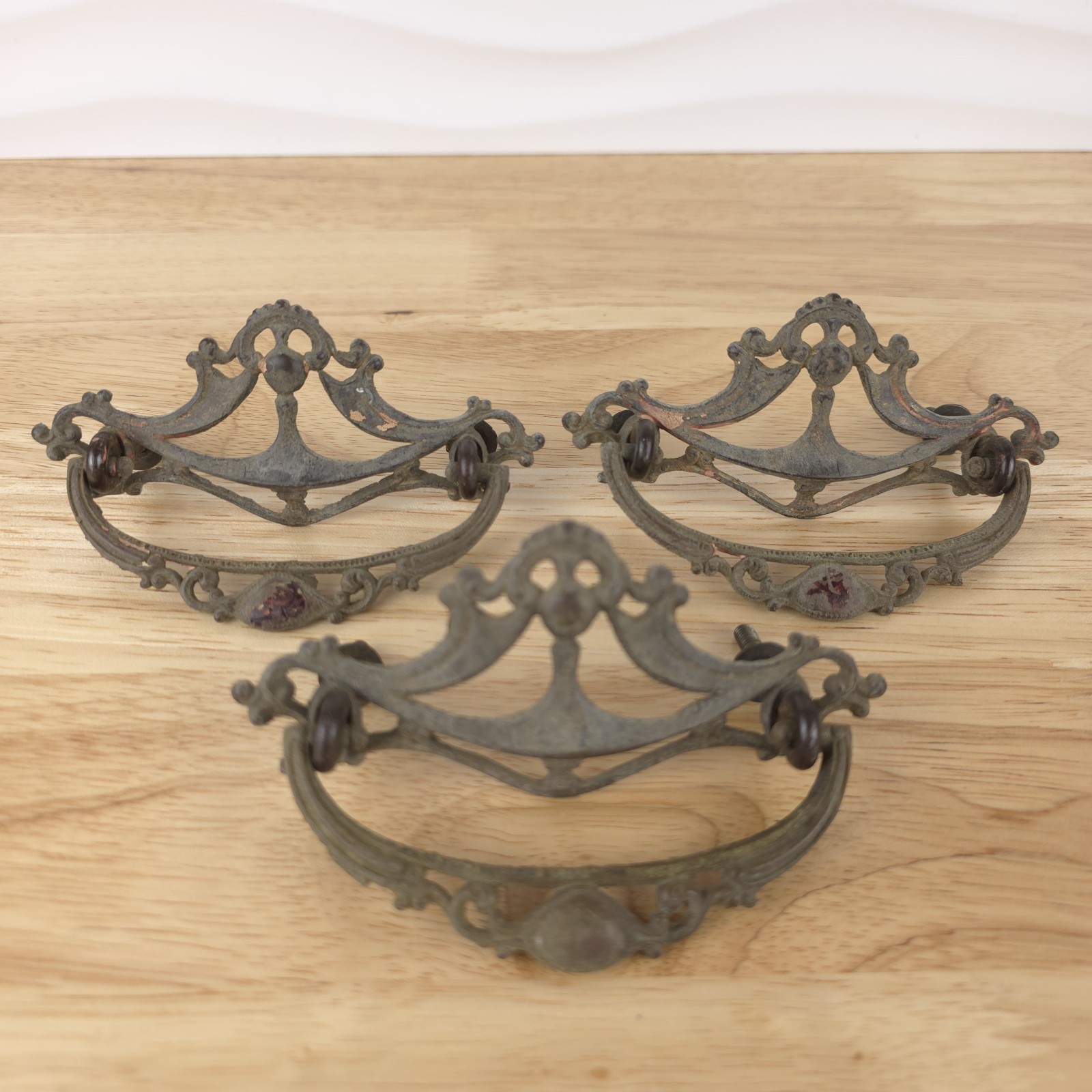 Vintage Brass Drop Bail Handle Drawer Cabinet Pulls Lot of 3 Antique Patina