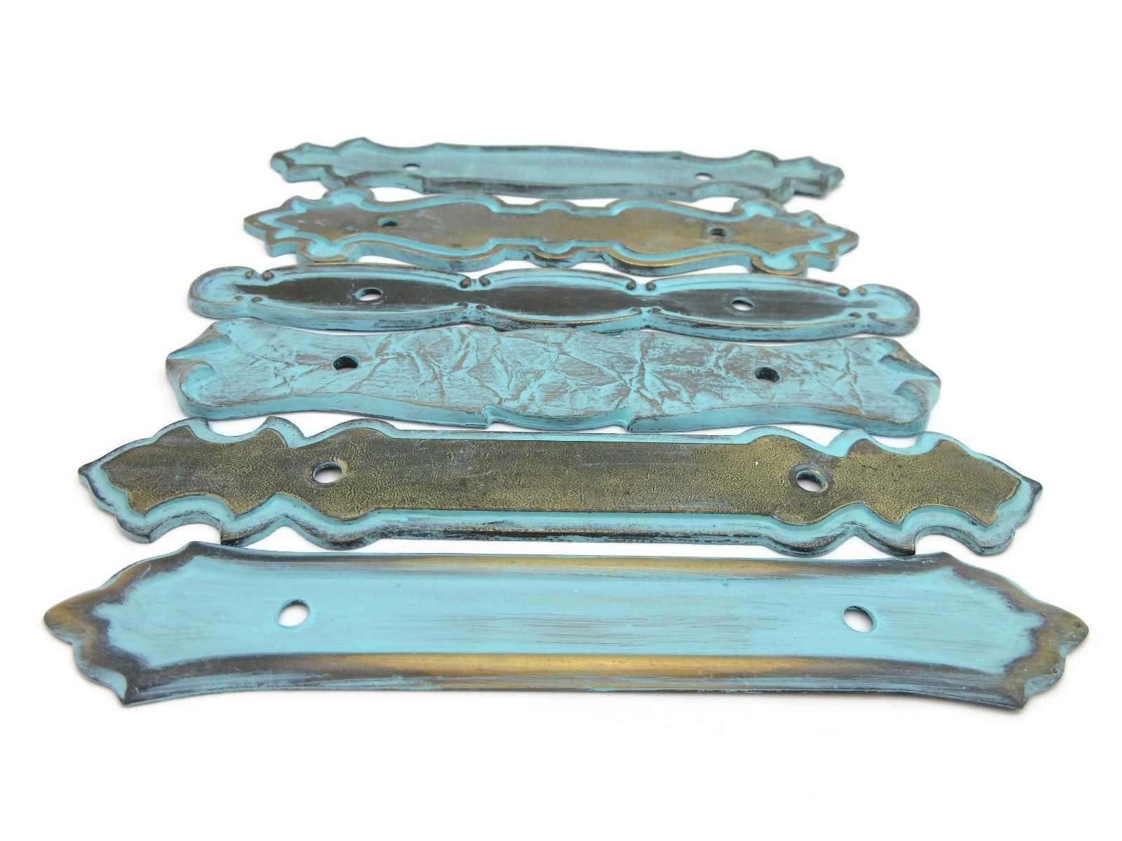 Set of 6 vintage backplates Distressed Turquoise Brass Color 3″ Centers LH8