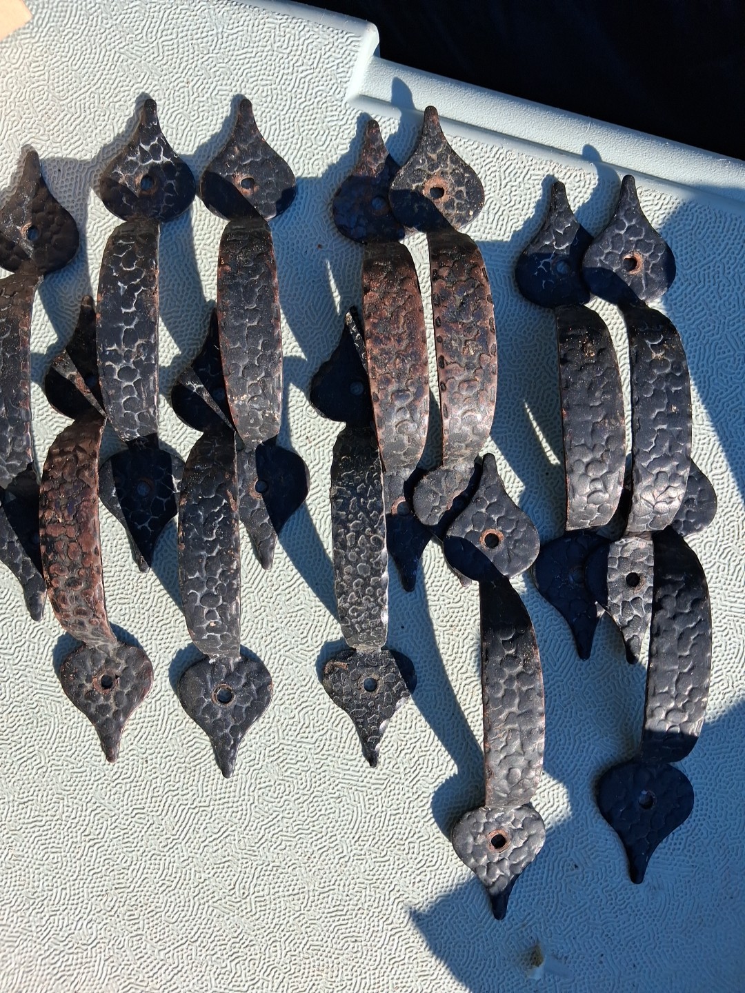 VINTAGE LOT 19 RUSTIC COPPER COATED IRON DRAWER PULLS PUSH TO OPEN HANDLES 5″