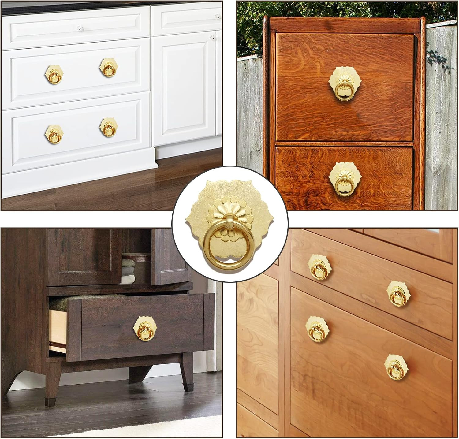 4Pcs Antique Brass Ring Pulls Flower Shape Cabinet Knobs Drawer Pulls With Screw