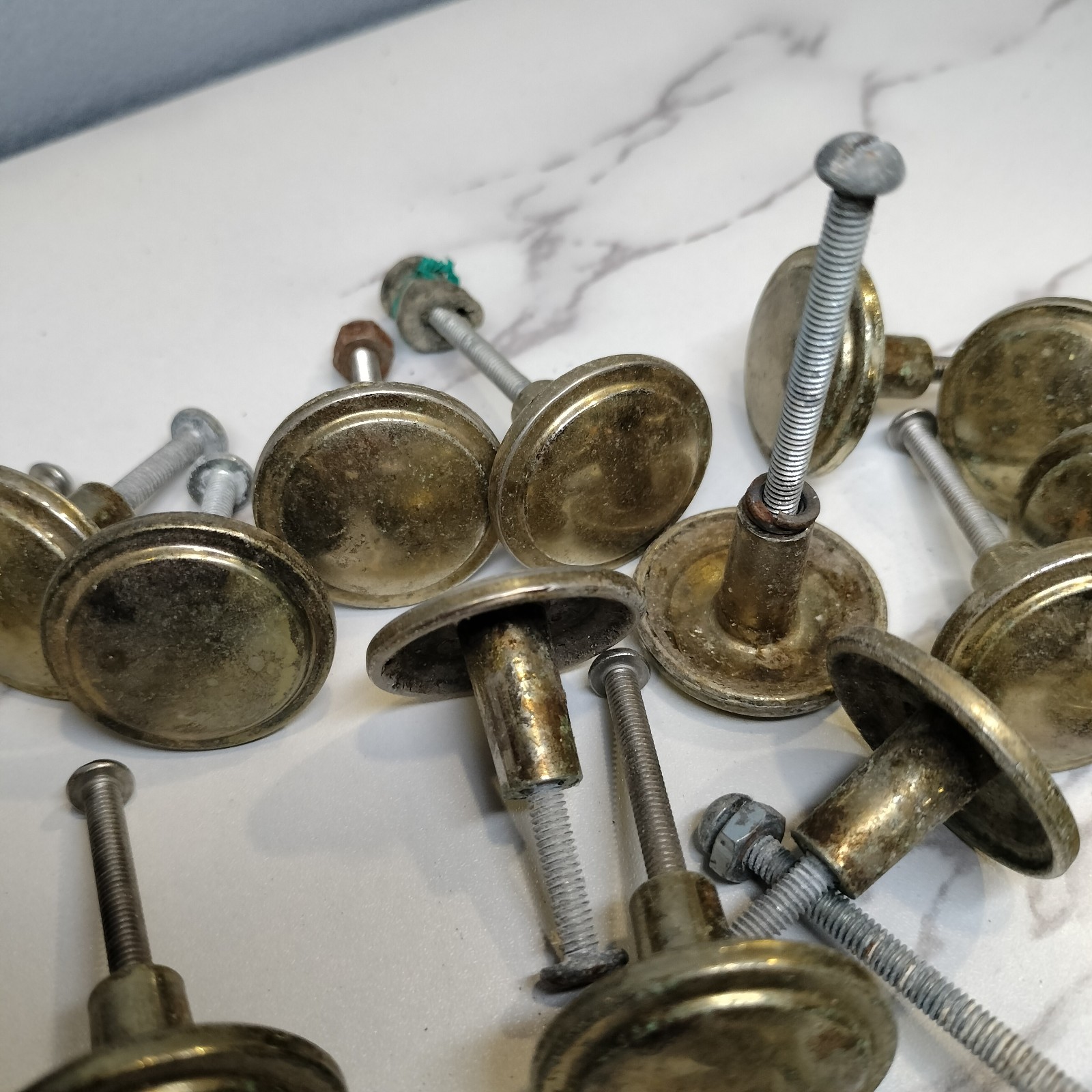 Antique style Brass Round Top Button Style Door/Drawer Knob Pulls Lot Of 27 USED