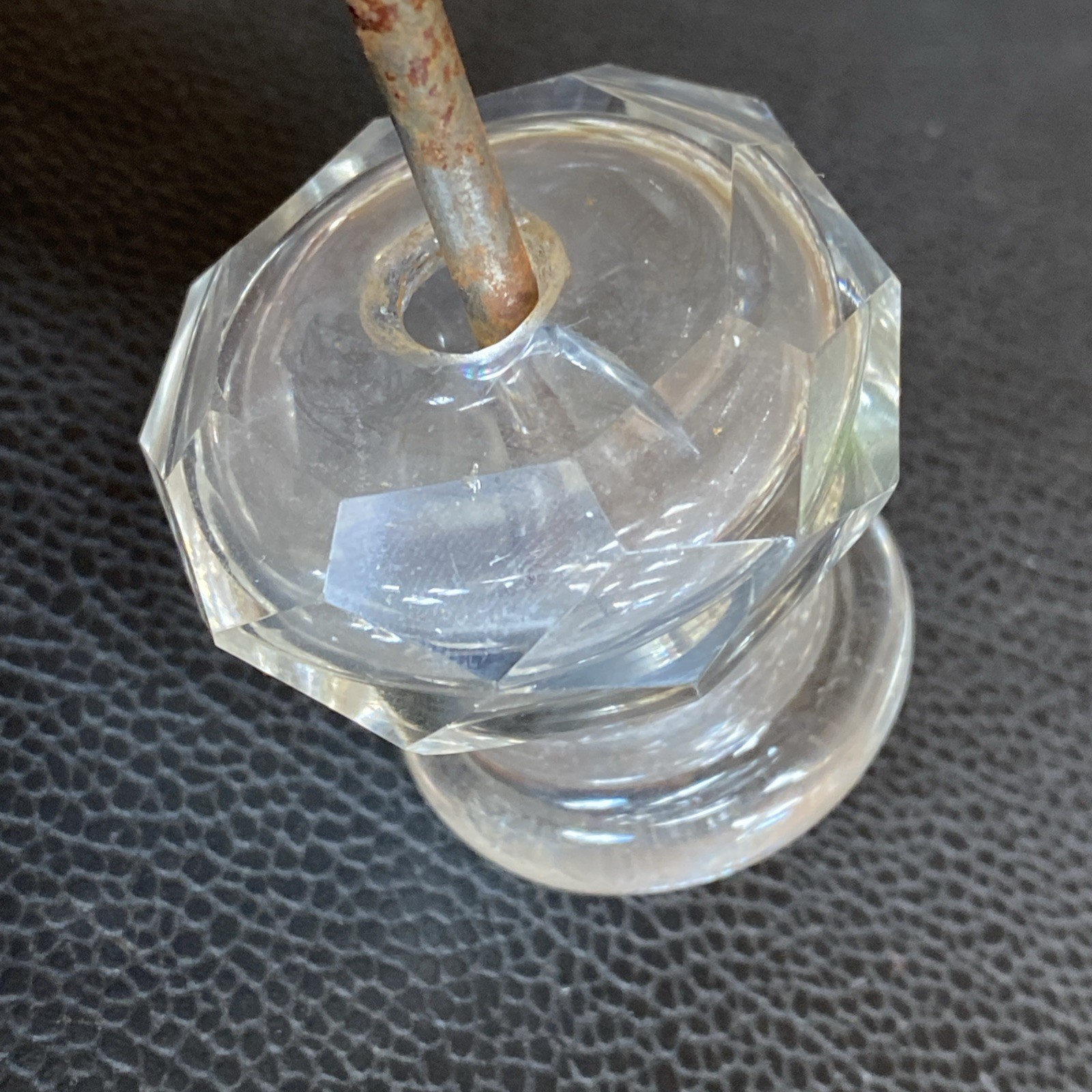Faceted 1.75”x1-5/8” Antique Pressed Clear Glass Sandwich Drawer Pull Post Bolt