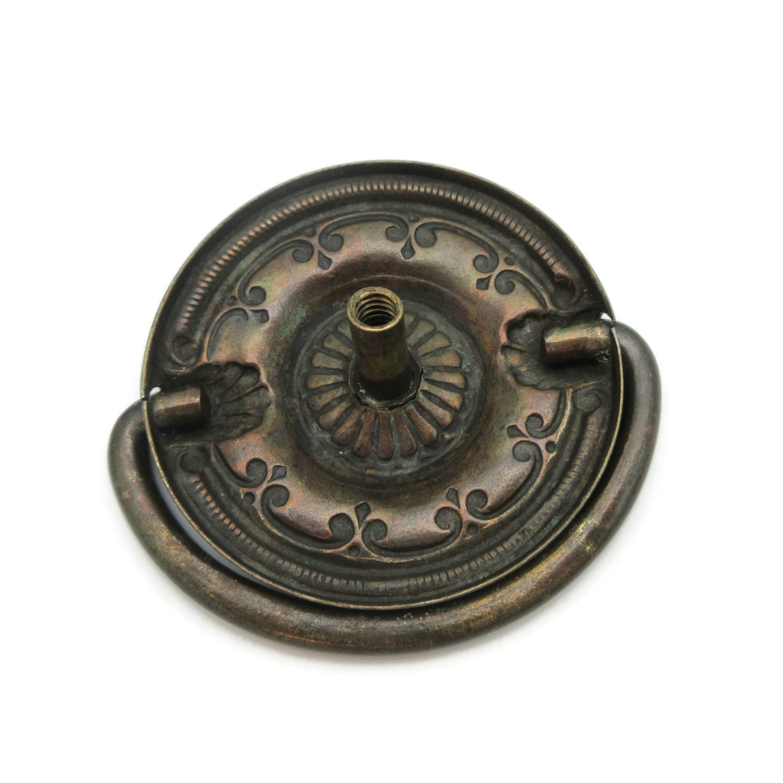Vintage Ring Drawer Pull Ornate Handle Brass Tone Pressed Metal Round LV13a