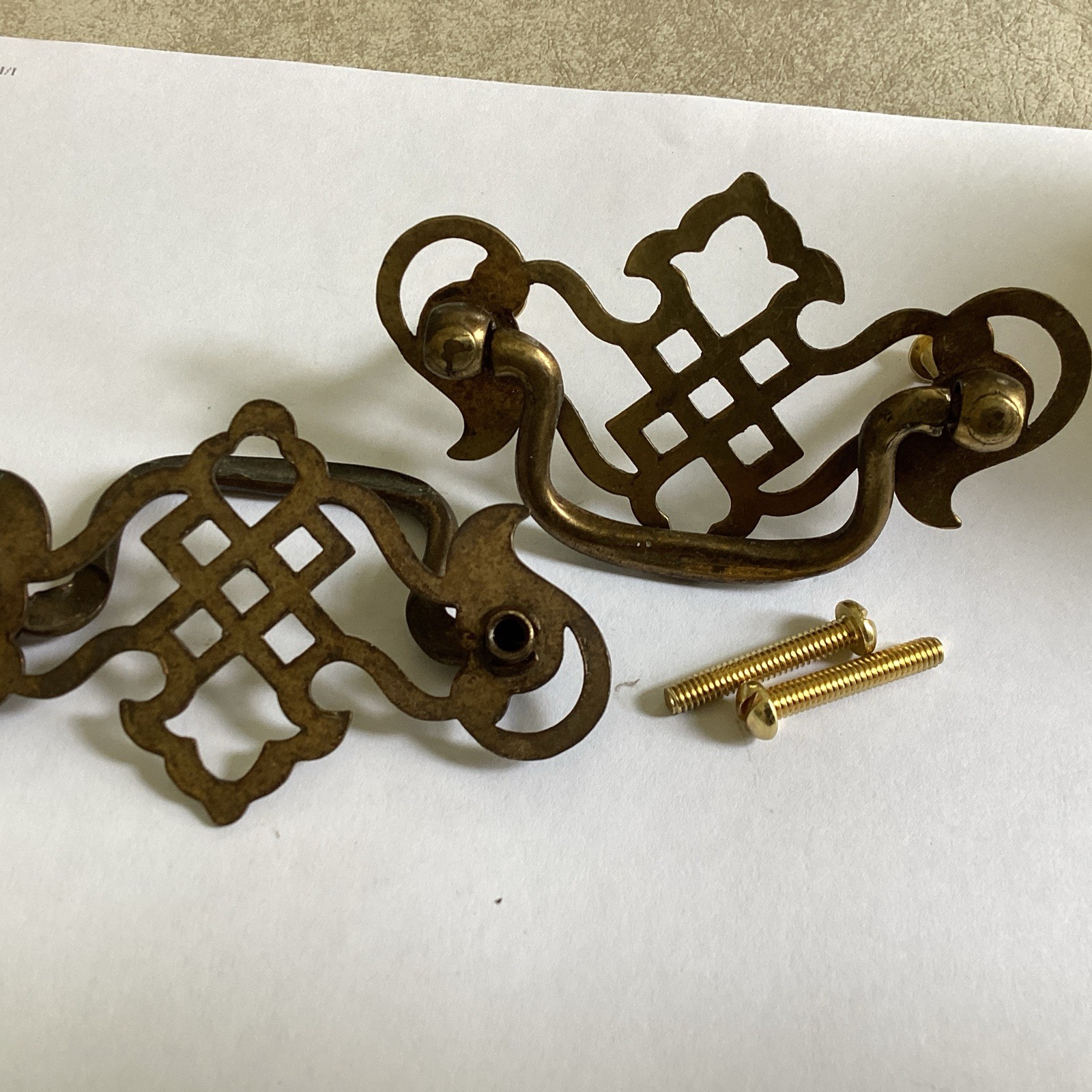 Great Pr. Vintage Pierced Brass Plated Chippendale Drawer Pull 2-1/2 “ In