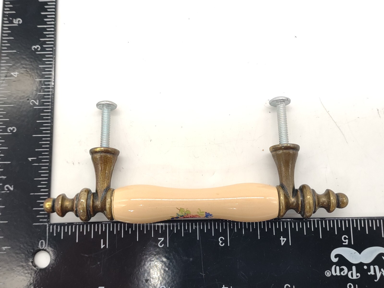 Drawer Pull Handle 1960s Floral on Beige Porcelain w Brass Ends 3″ Centers 1 Vtg