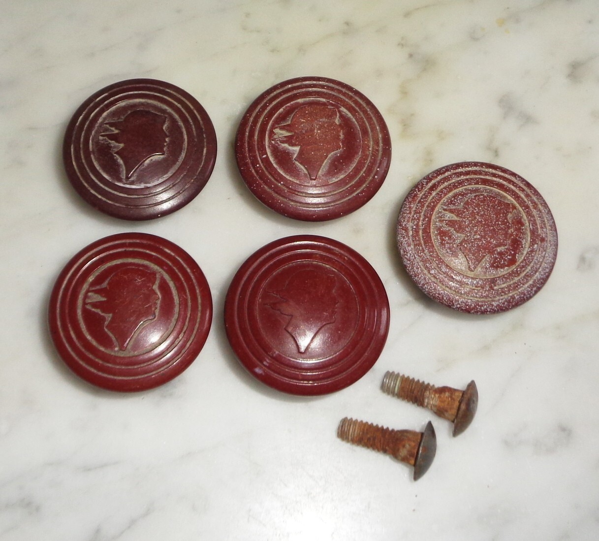 Mercury Head Winged God Man Maroon 1 1/2 inch Knob Cap Pulls, Set of 5