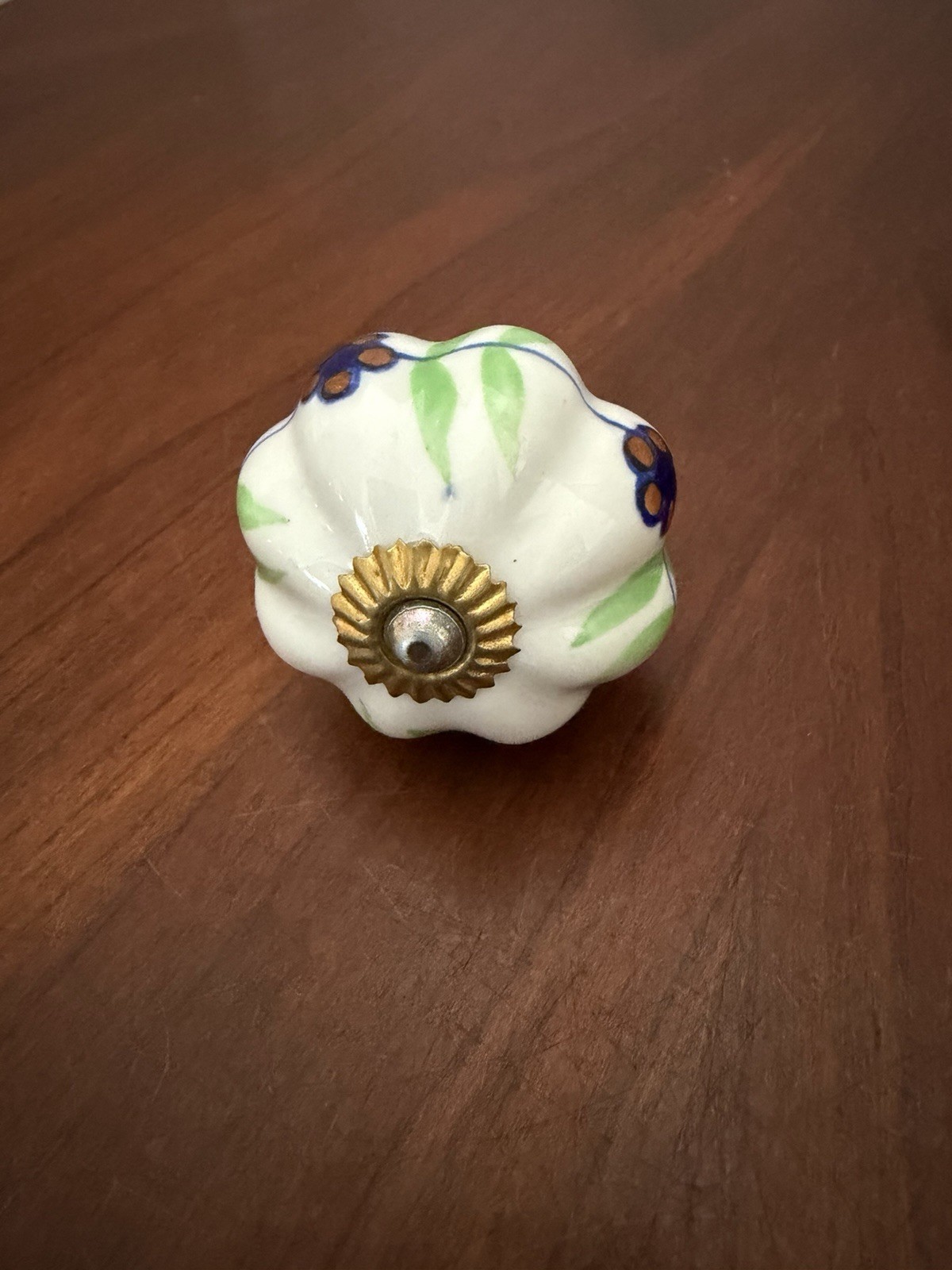 Vintage Hand Painted 2” Cabinet/drawer Knob W/ Green/blue Floral Design Ceramic
