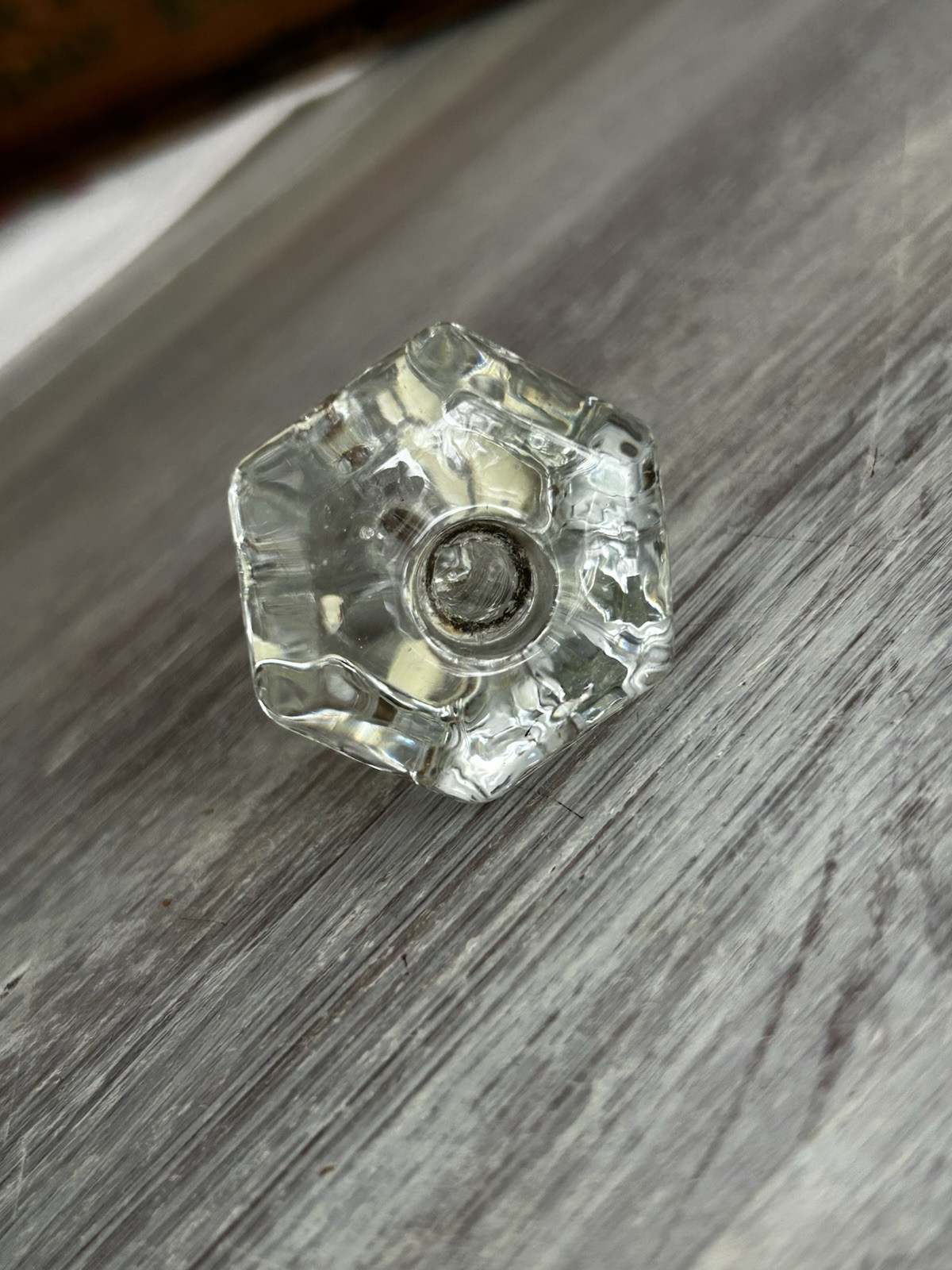 Antique Glass Drawer Knob Hexagon 1.5″ Diameter Has New Hardware (1a)