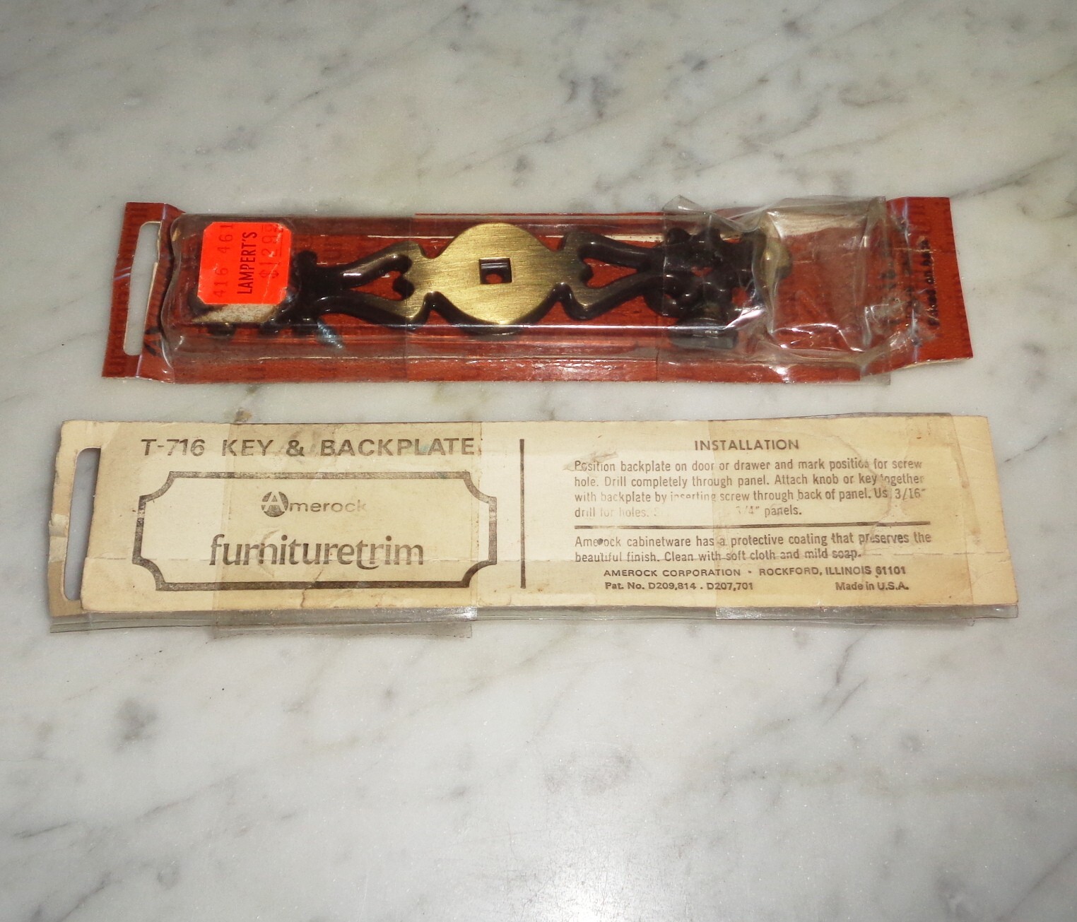 2 Amerock Antique English Brass Key Knob Handle & Back Plate Drawer Pull Handles