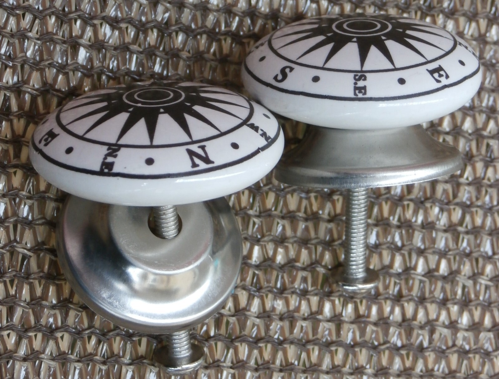 2 White Ceramic Nautical Hardware COMPASS Cabinet Drawer Pulls Dresser Knobs