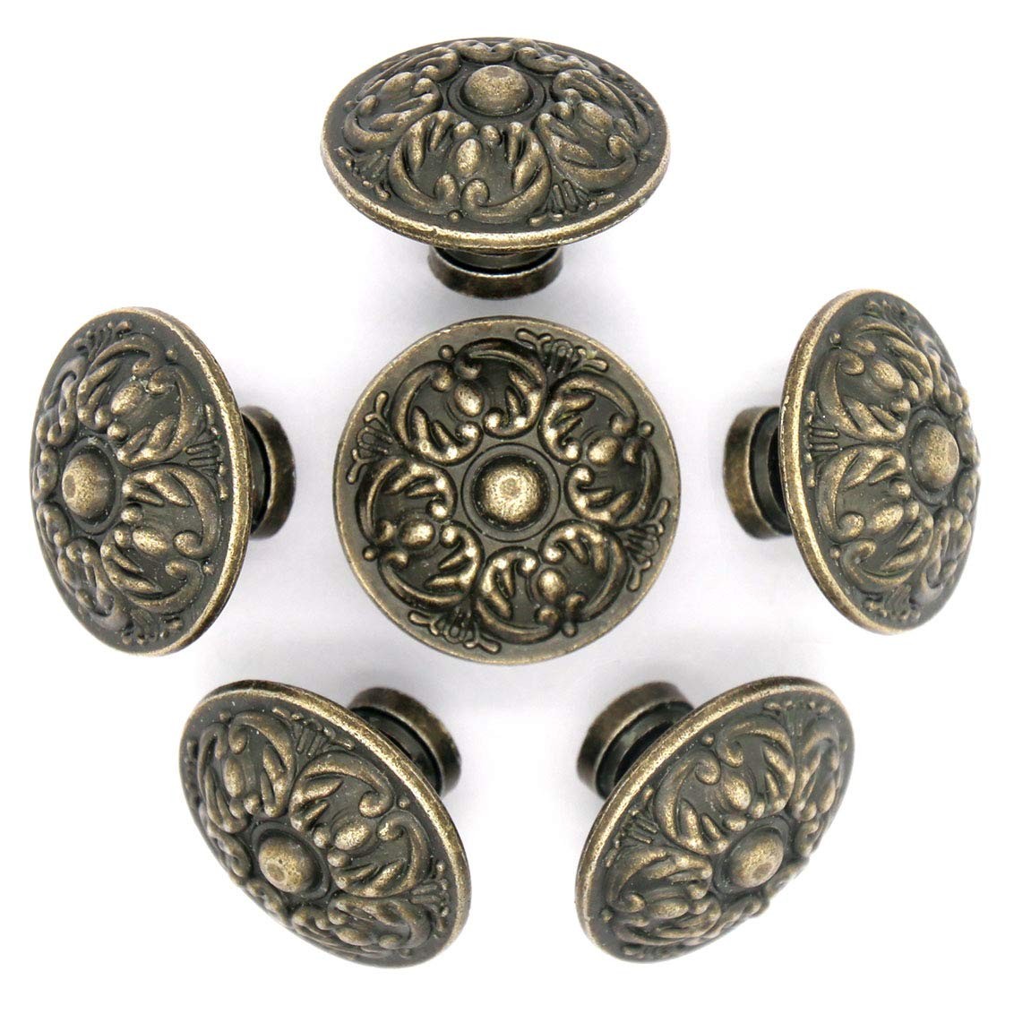 LXZ 6 PCs Vintage Antique Brass Knobs Handles Pulls with Flower Pattern for Cabi