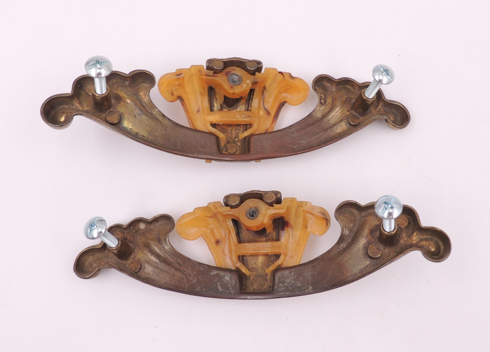 2 Art Deco Drawer Pull w/ Bakelite Vintage Knob Brasstone Waterfall Handle Set