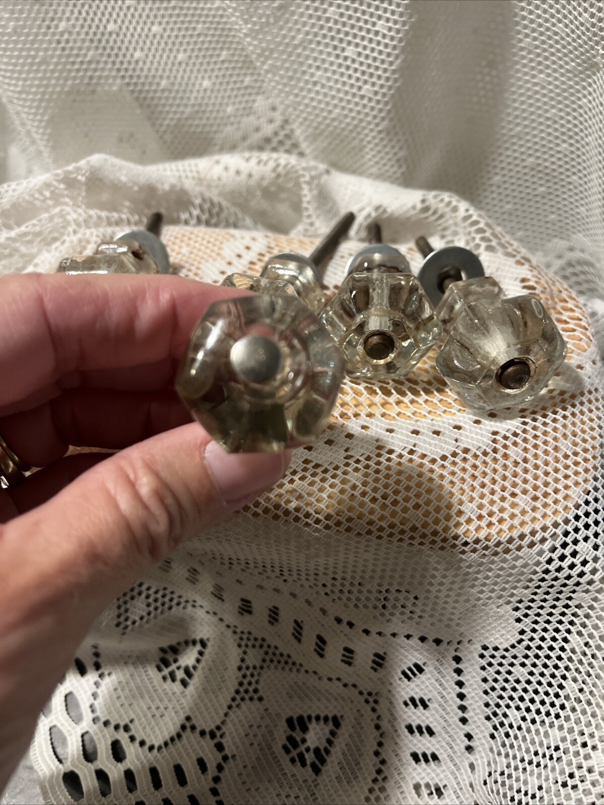 5 Vintage Antique Clear Glass Hexagon Dresser Drawer Cabinet Pulls Knob 1 1/2″