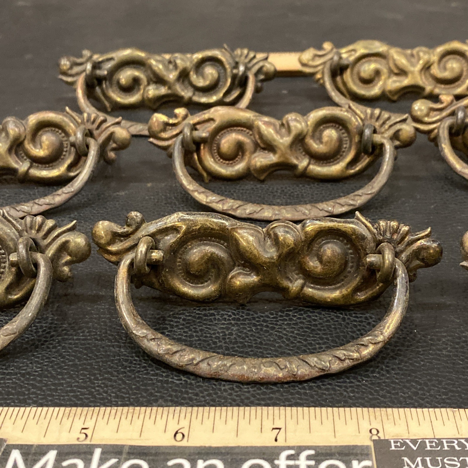 8 Antique Drop Bail Pulls Ornate Nouveau Scroll Fleur De Lis French Lily Flower