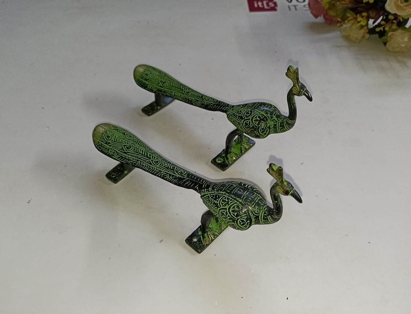 Bird Peacock Door Handle Pair Handmade Antique Design Peafowl Door Decor GTX