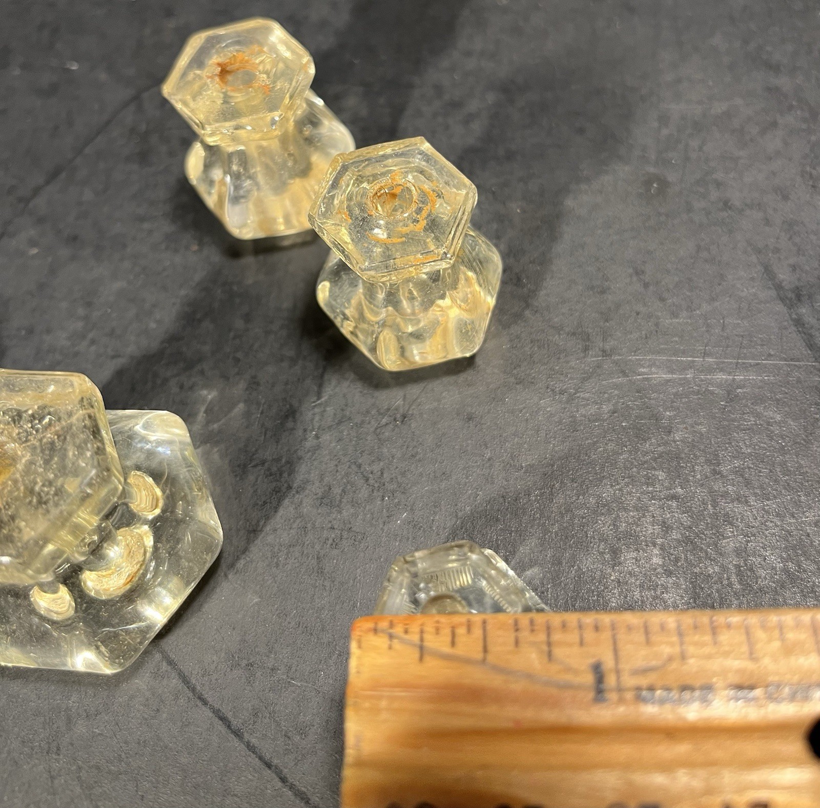 5 Vintage Hexagon Glass Drawer Knob Pulls Two Pairs & One Single