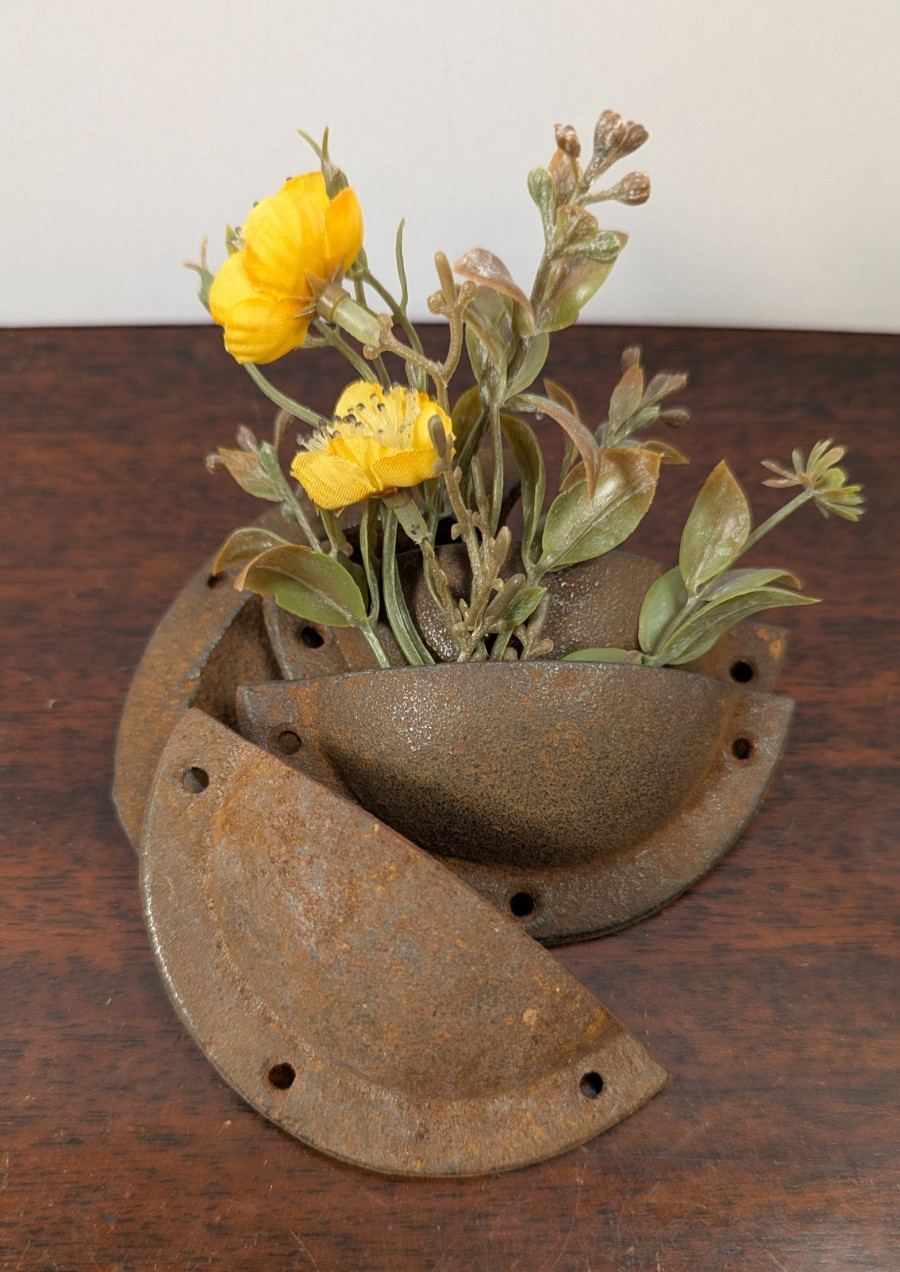 Vintage Rusty Cast Iron Bin Cup Drawer Pull Wall Pocket Farmhouse Industrial