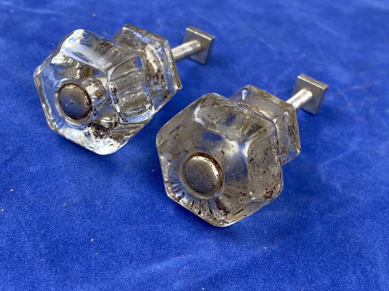 Pair Antique 6 Sided Hexagon Glass Pulls, Cabinet or Drawer Pulls, No Chips!