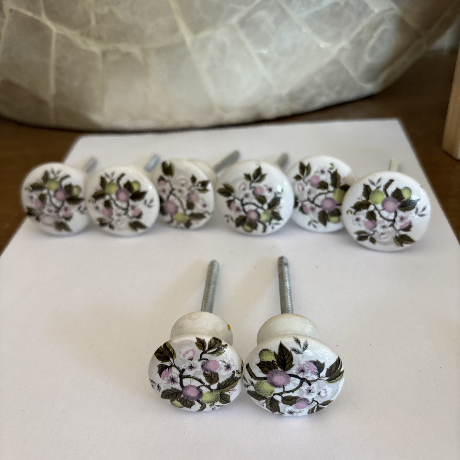 Vtg Porcelain Pulls/Knobs, White Painted Cherry Blossom Floral Design~Lot of 8