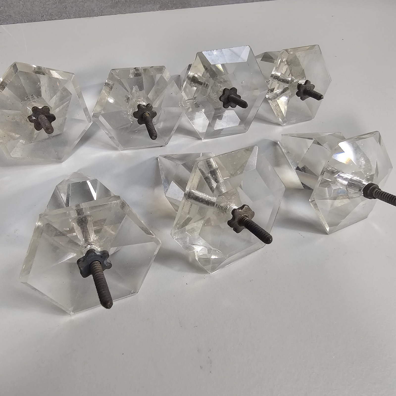 Drawer Pull Knobs Faceted Acrylic Set of 7 Clear Diamond Point Style Vintage
