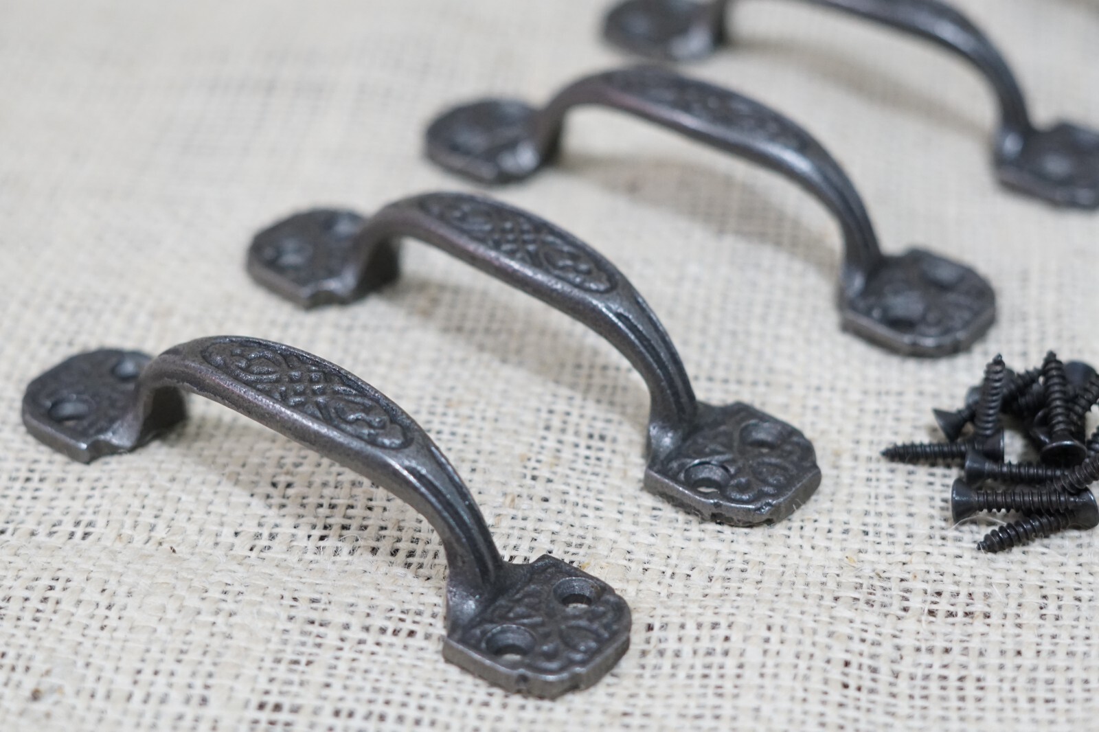5 Small Drawer Pulls 4 1/4″ Window Antique Vintage Style Ornate Rustic Cast Iron