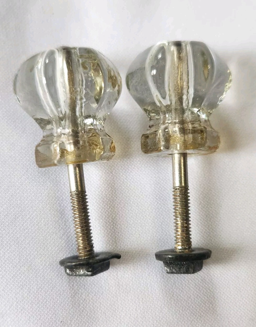 Vintage Clear Hexagon Gem Cut Glass Drawer Cabinet Knob Set Of 2