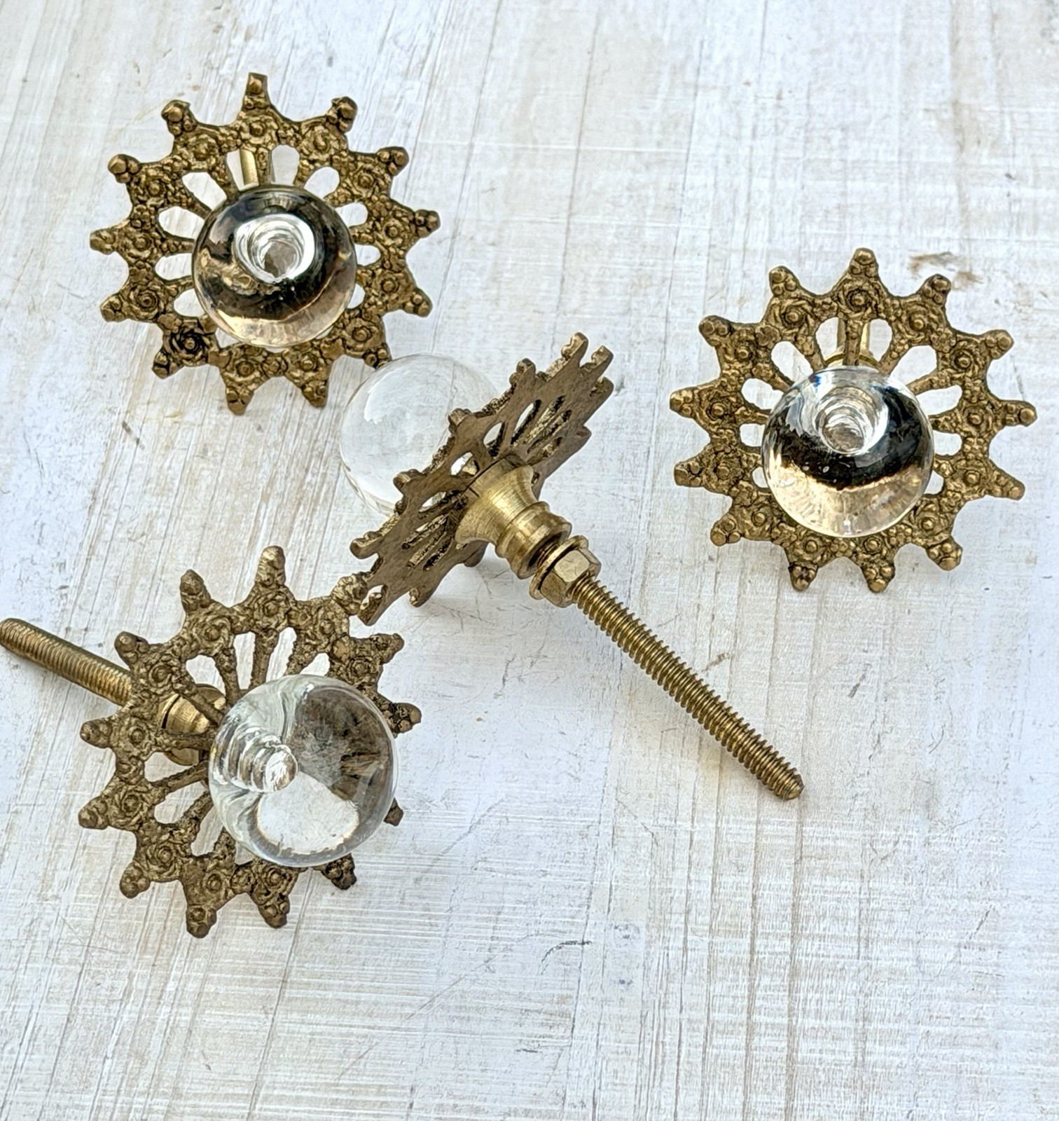 4 Antique Glass Drawer Pull Handle Clear Smooth Cabinet Knob Brass Ornate Base