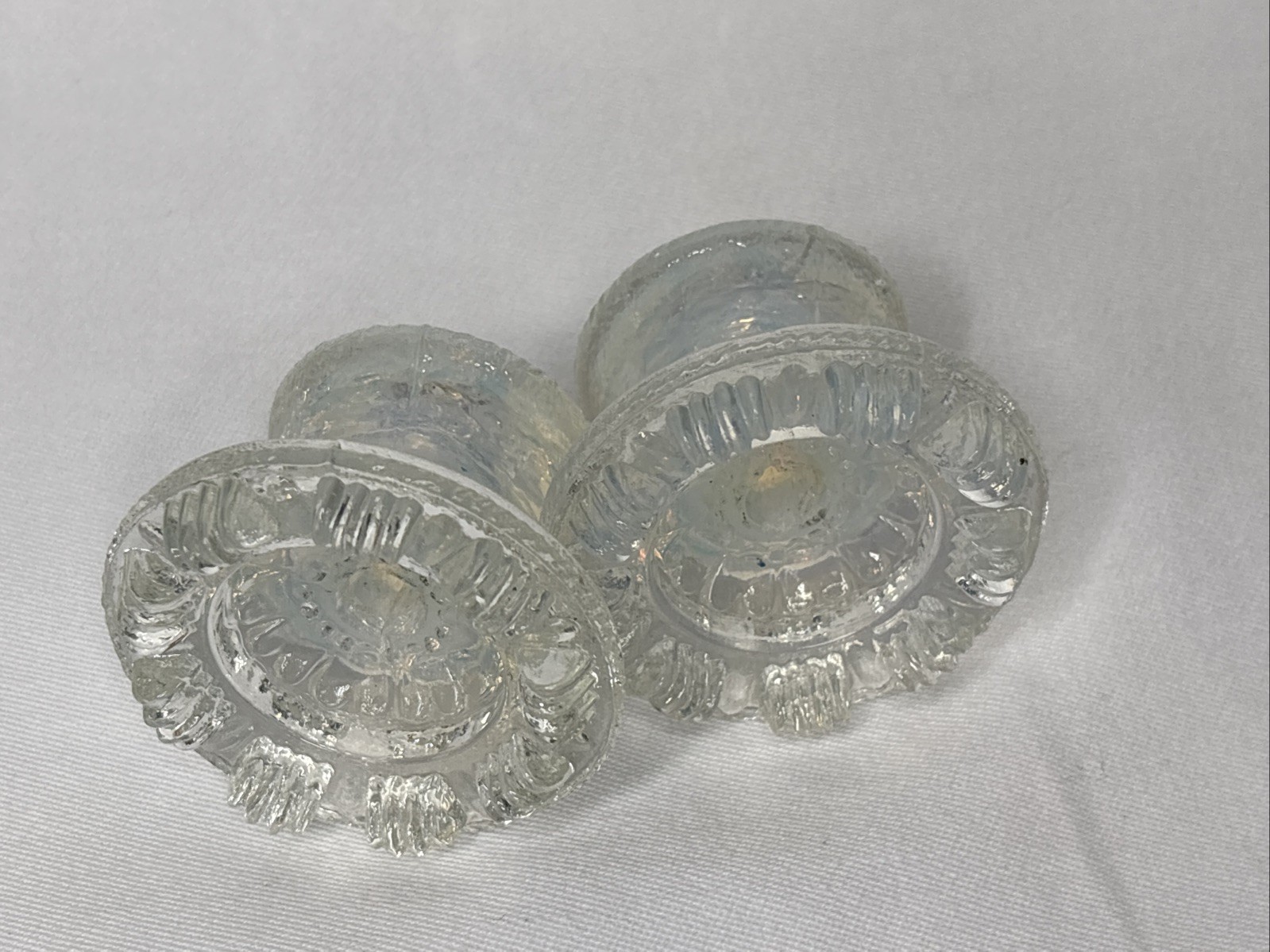 2 Antique Boston Sandwich Glass Floral Clam Broth Drawer Pulls 2” Iridescent