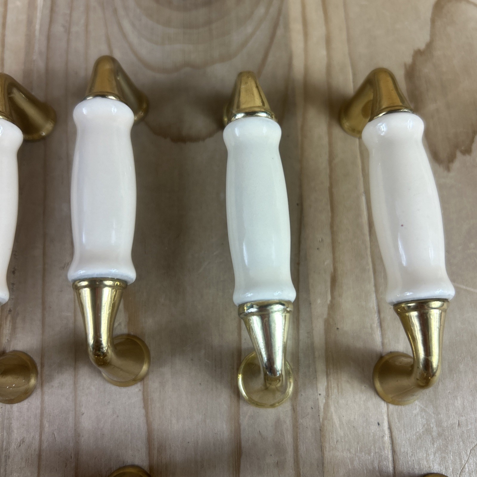 Vintage Drawer Pulls Cabinet Handles Set of 12 Beige Ceramic Center 3.5” Brass